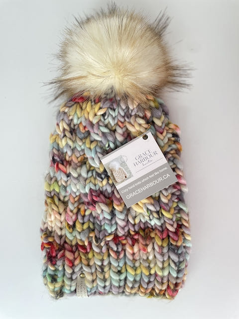 GRACE CABLE KNIT BEANIE IN BANDIT WITH BUTTERSCOTCH POM