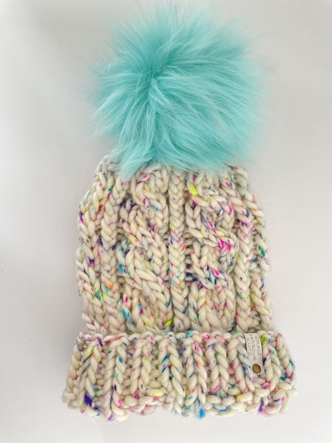 GRACE CABLE KNIT BEANIE IN CONFETTI WITH TURQUOISE POM