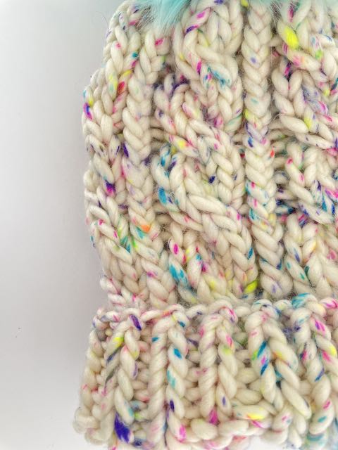 GRACE CABLE KNIT BEANIE IN CONFETTI WITH TURQUOISE POM