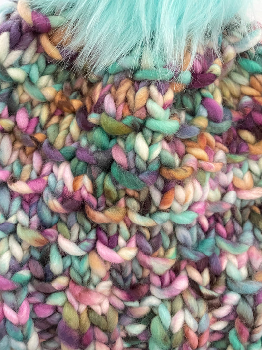 BAMBOO BEANIE IN CALLISTO, WITH ARCTIC BLUE FAUX FUR POM POM